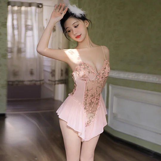 Open-bottom bodysuit with a deep V-neck and floral embroidery