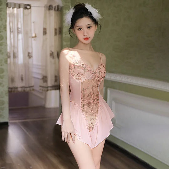 Open Crotch Deep V-Neck Floral Embroidery Bodysuit