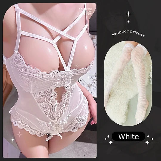 Sexy Lace Mesh Bodysuit Open Crotch with Thigh Opening