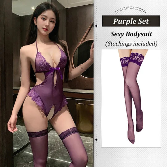 Sheer lace open-crotch bodysuit