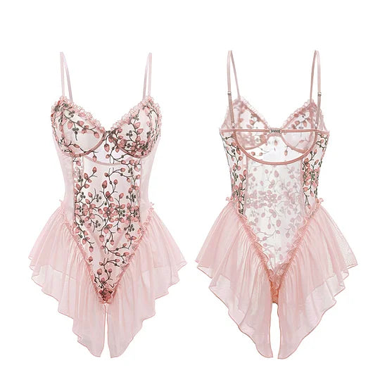 Open Crotch Deep V-Neck Floral Embroidery Bodysuit
