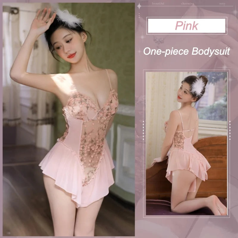Open-bottom bodysuit with a deep V-neck and floral embroidery