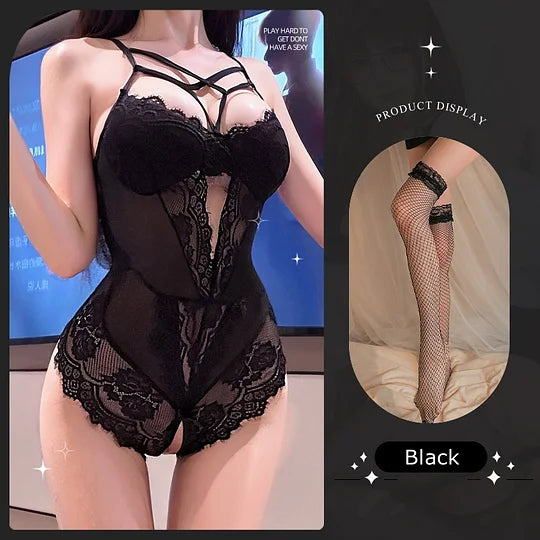 Sexy Lace Mesh Bodysuit Open Crotch with Thigh Opening